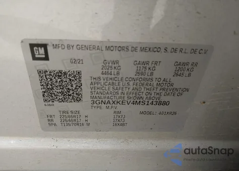 2021 Chevrolet Equinox Fwd Lt from USA, damaged, VIN 3GNAXKEV4MS143880